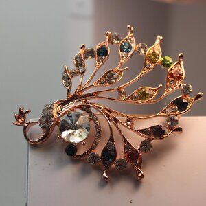 Rose Gold Peacock brooch with multicolor gemstones Channel And Brooch Pin Copper